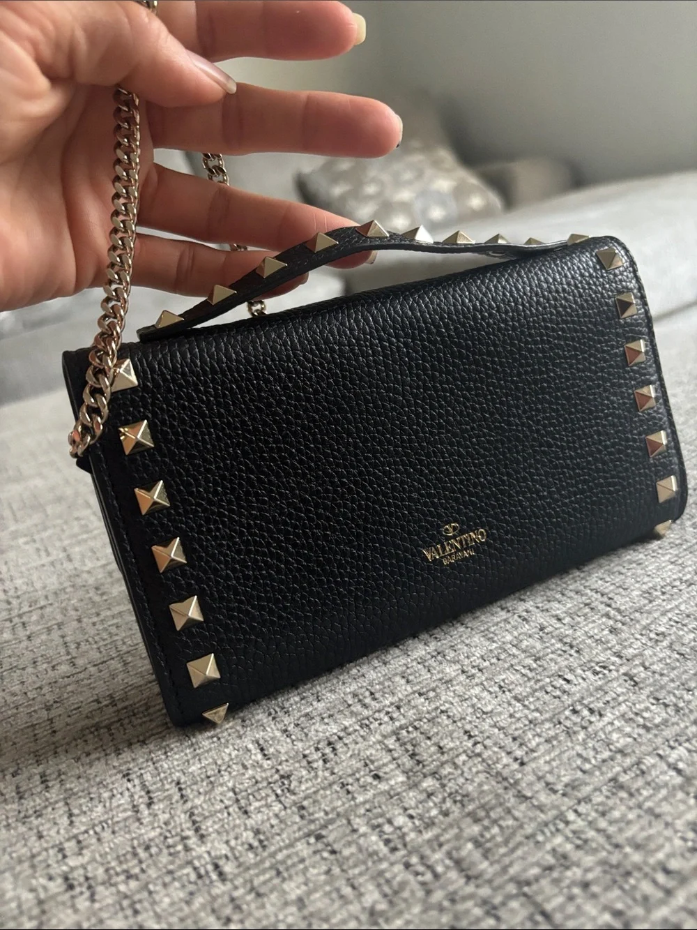 Valentino Black Pebbled Leather Crossbody with Gold Stud Detail